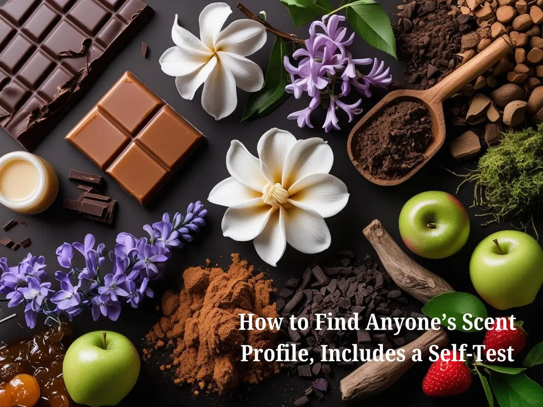 How to Find Your Scent Profile: Discover scents with flowers, chocolate, apples, and more, lying on a dark background.