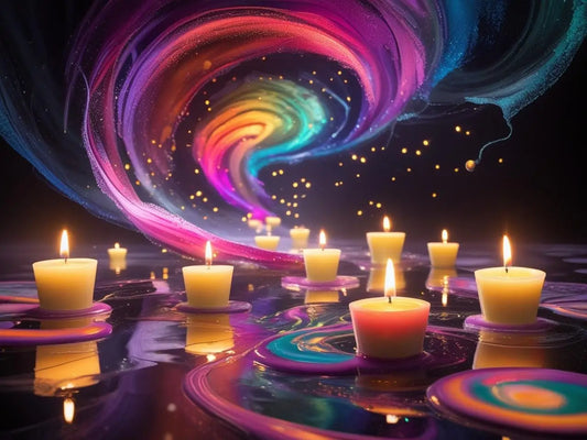 Candles burning under a starry night and a coloured smoky milky way