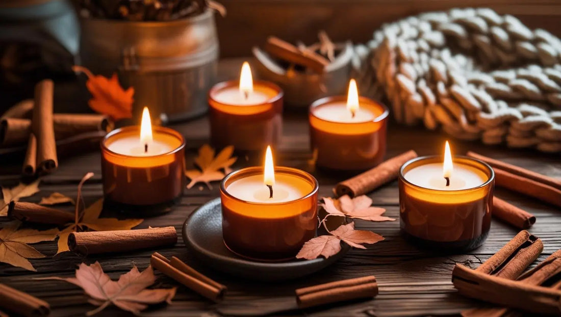 Cinnamon candles on a rustic table, highlighting Cinnamon Candle Benefits with a warm glow and cozy autumn decorations.