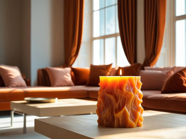 Vibrant orange pillar candle in a cozy living room, complementing warm decor tones, creating an inviting atmosphere.