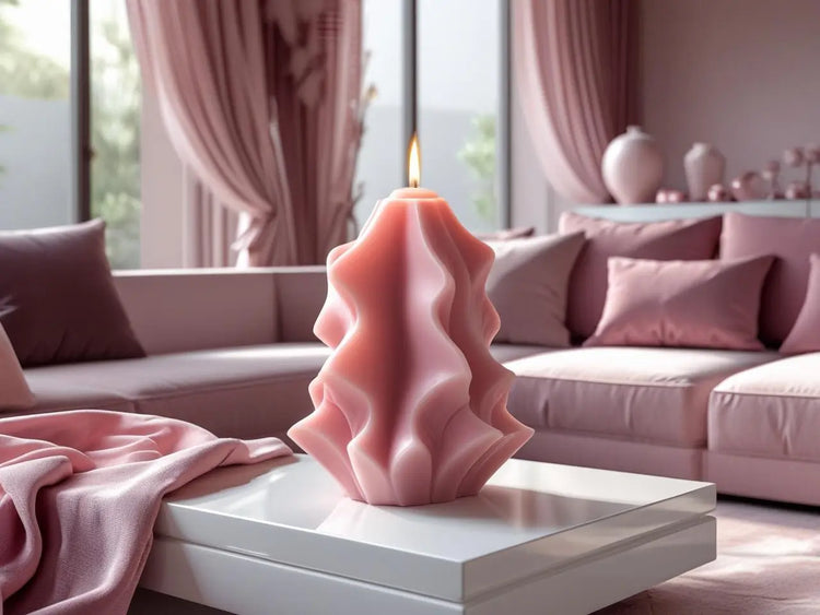 Romantic pink sculpted candle on a modern white table in a softly decorated pink room.