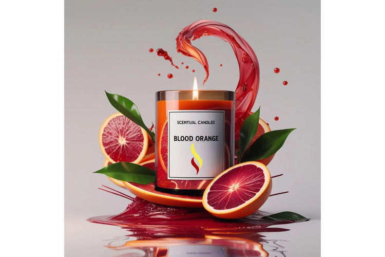 Blood Orange Candle in a jar surrounded by blood oranges with decorative elements on a pale grey background