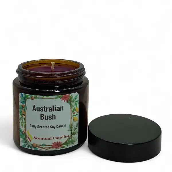 Scented soy candle in a brown jar labeled 'Australian Bush' on a white background