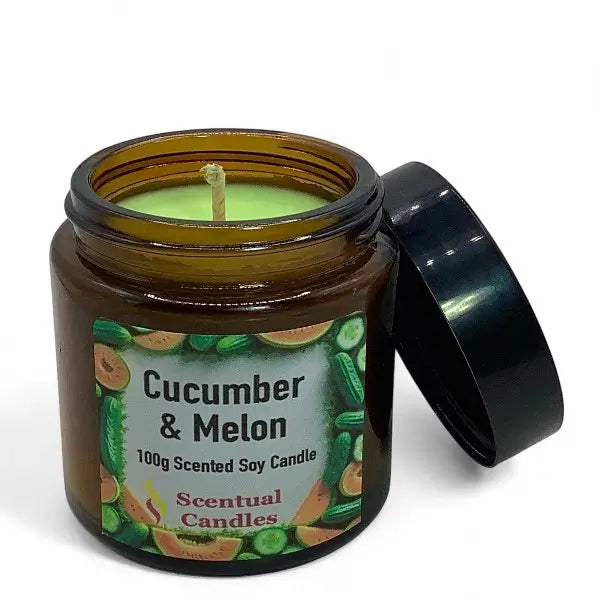 Cucumber & Melon scented candle in a brown jar with a label on a white background
