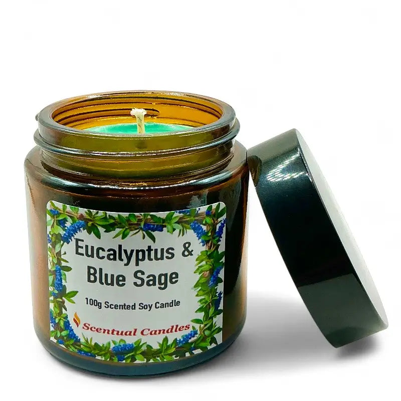Scentual Candles Eucalyptus candle in a glass jar with a label.