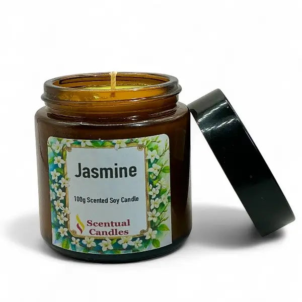 Scentual Candles jasmine scented candle in a glass jar with a black lid on a white background