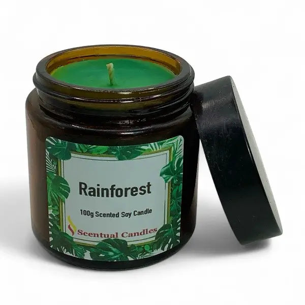 Scentual Candles Rainforest scented soy candle in an amber jar with a black lid on a white background