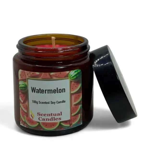Scentual Candles watermelon scented soy candle with label on a white background
