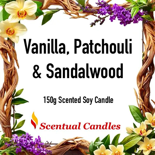 Vanilla Trio soy candle gift set with vanilla, patchouli, and sandalwood scents - 150g Scentual Candles.
