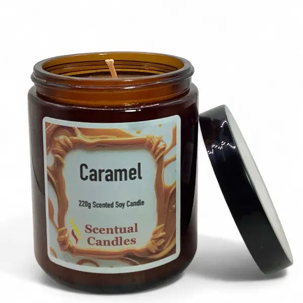 Caramel scented candle in a brown jar with a label on a white background
