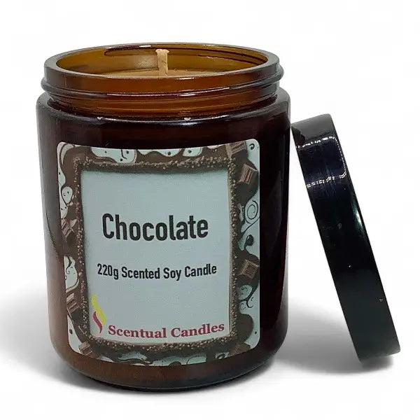 Chocolate scented candle in a brown jar with a label on a white background