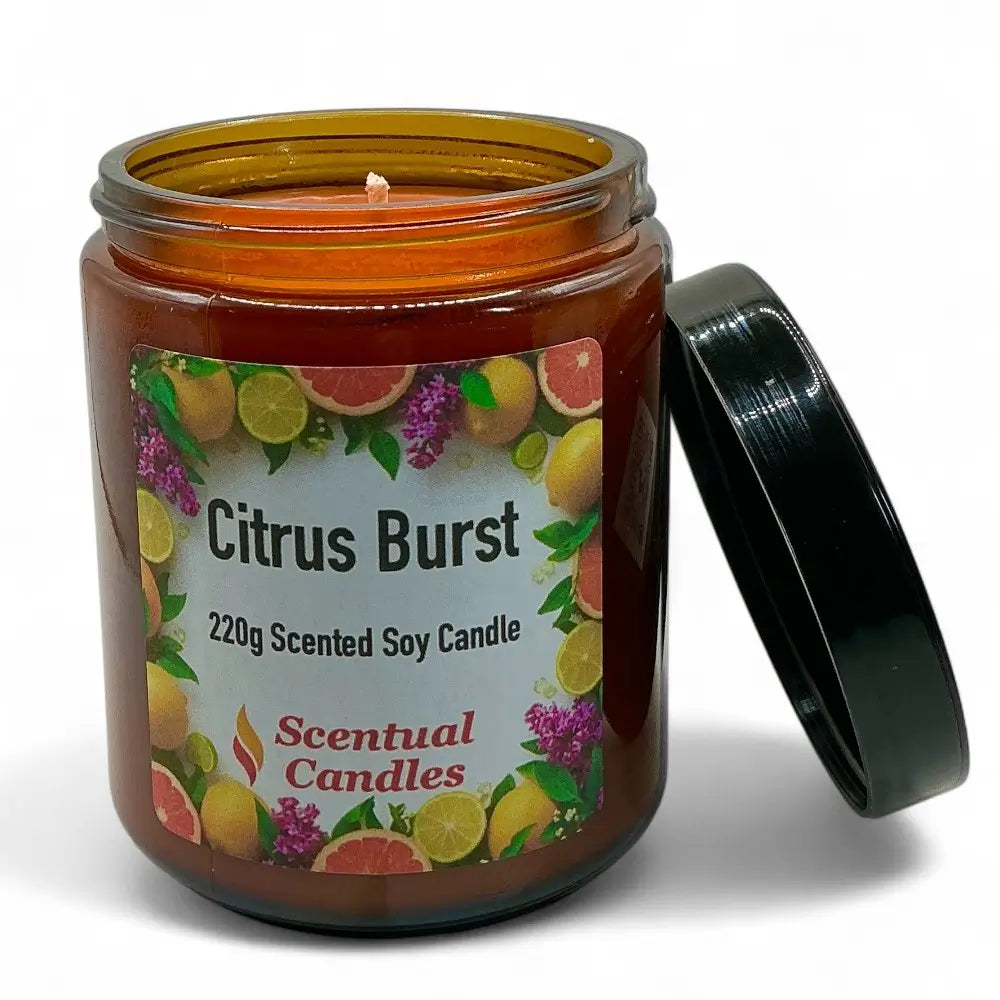 Scented soy candle in a jar labeled 'Citrus Burst' by Scentual Candles on a white background.