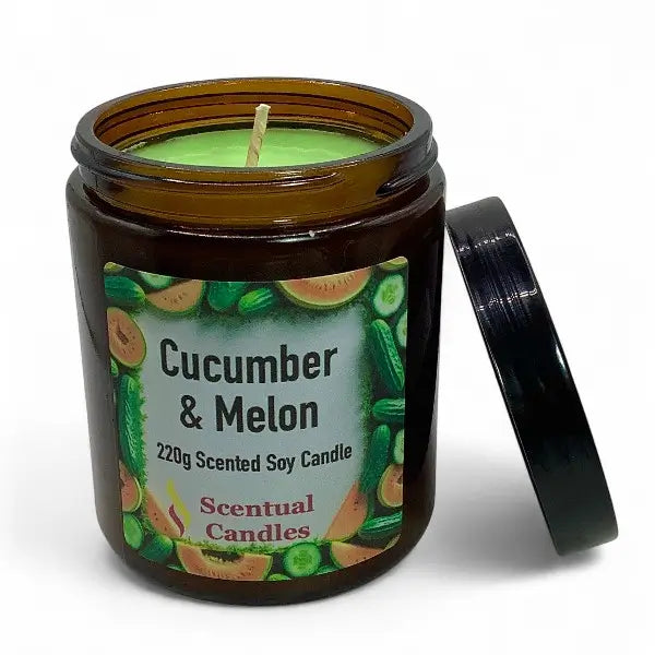 Cucumber & Melon scented candle in a jar with a label on a white background