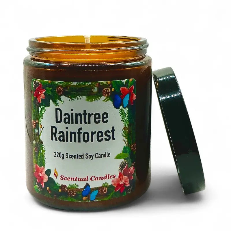 Scentual Candles Pine scented Daintree Rainforest candle with decorative label on a white background