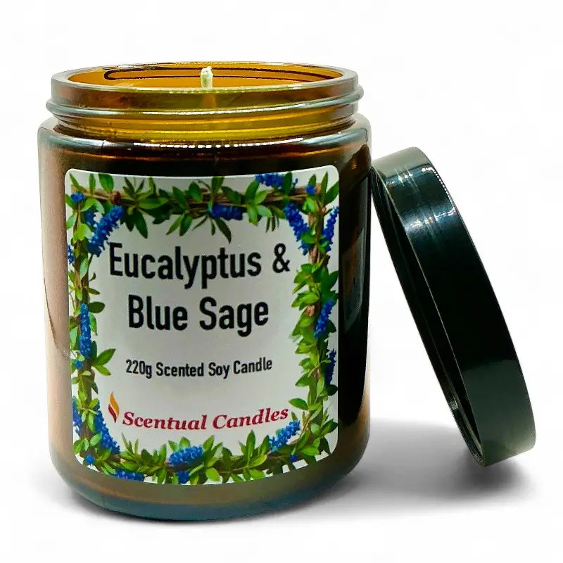 Scentual Candles Eucalyptus candle with label and lid on a white background