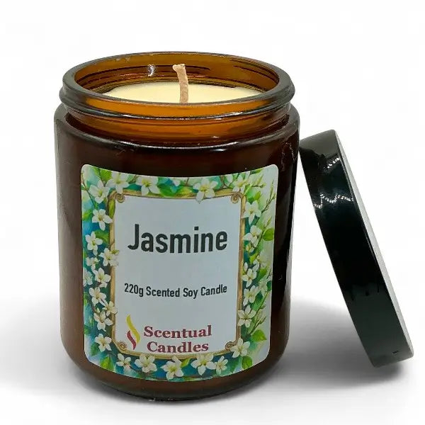 Scentual Candles jasmine scented candle in a glass jar with a label on a white background