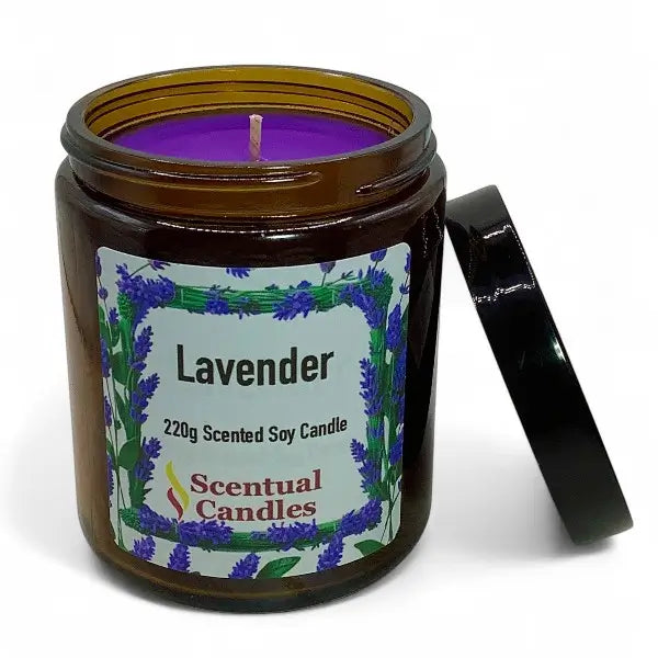 Lavender scented candle in a jar with a visible label on a white background