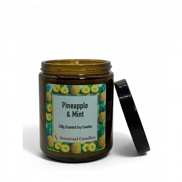 Scentual Candles pineapple and mint candle jar with label on a white background