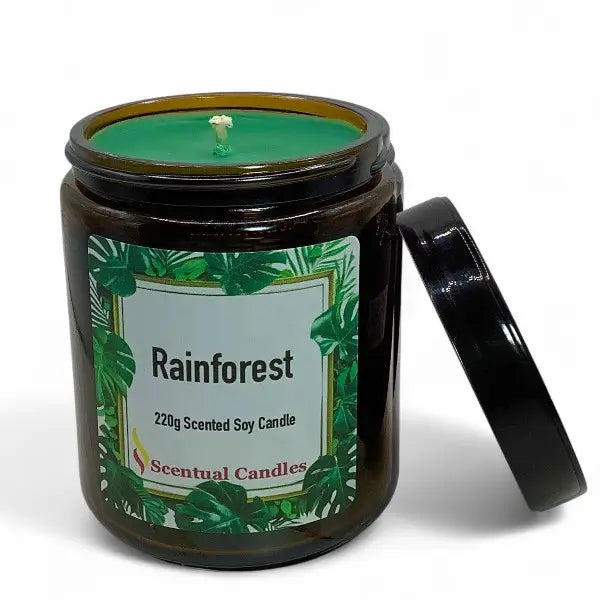Scentual Candles Rainforest scented soy candle in a black jar with a label on a white background