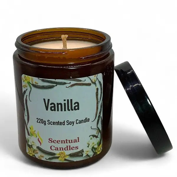 Vanilla scented soy candle in a brown jar with a label on a white background