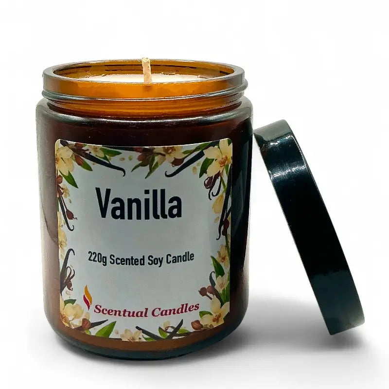 Vanilla scented candle in a jar with a floral label on a white background