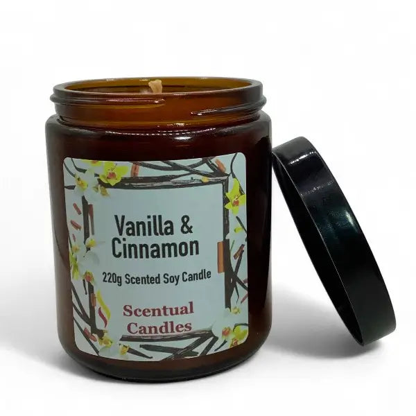 Scentual Candles vanilla & cinnamon candle with label on a white background