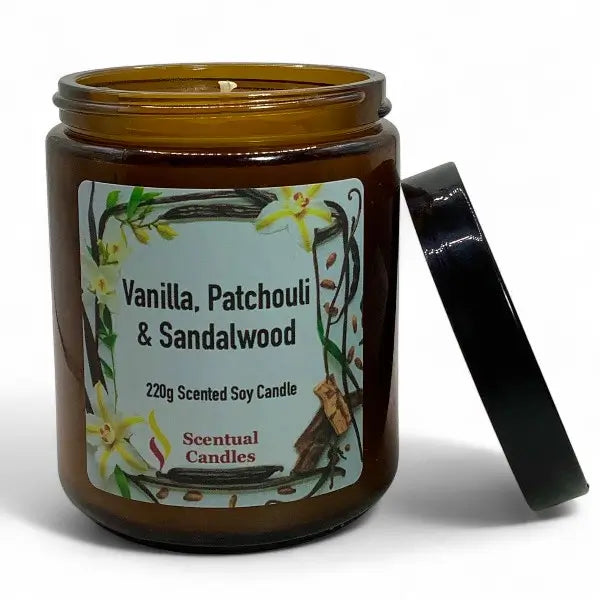 Scentual candles jar with vanilla, patchouli, and sandalwood label on a white background