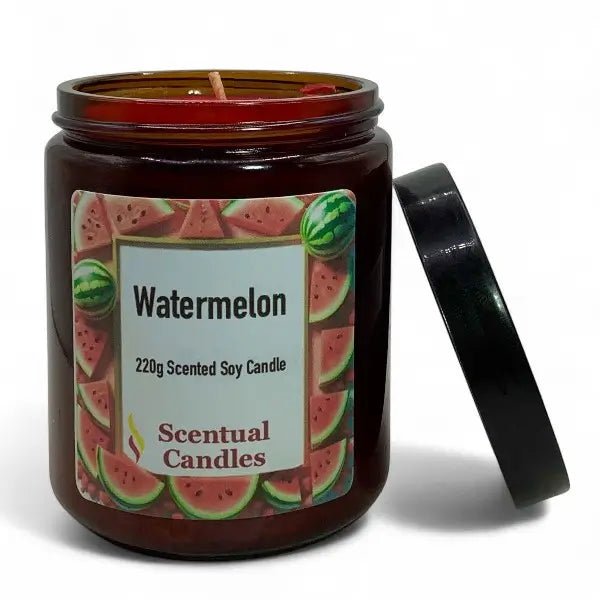 Watermelon scented candle with a decorative label on a white background
