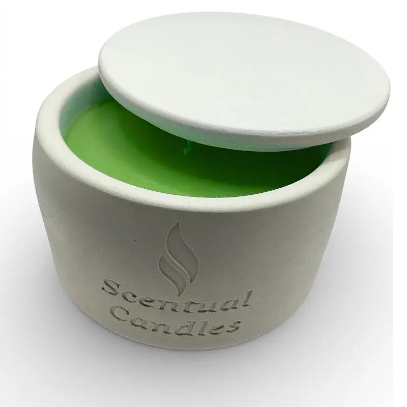 White container with green Gardenia candle inside, branded 'Scentual Candles', on a white background