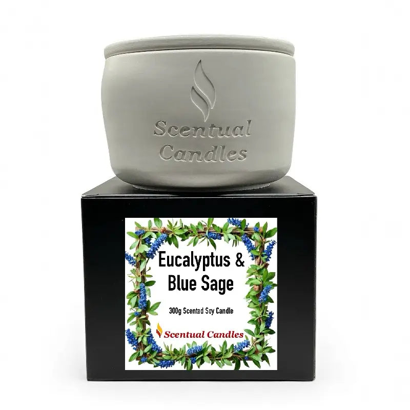 Eucalyptus Candle with Blue Sage scented soy candle on display, part of the Australian Scents Collection with fresh, clean aroma.