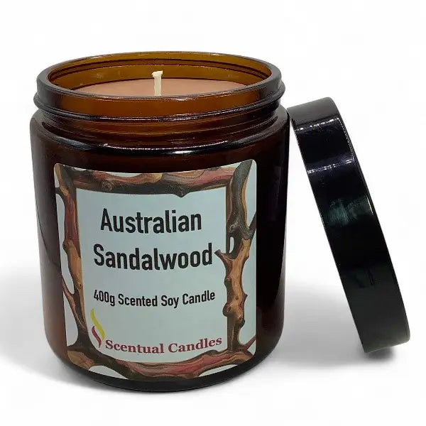 Scentual Candles Australian Sandalwood candle in a brown jar with a label.