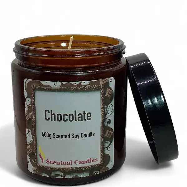 Scentual Candles chocolate scented candle in a brown jar with a label.