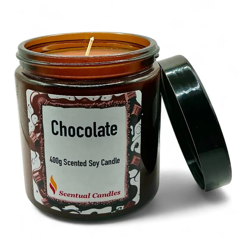 Chocolate candle in a jar with a label on a white background