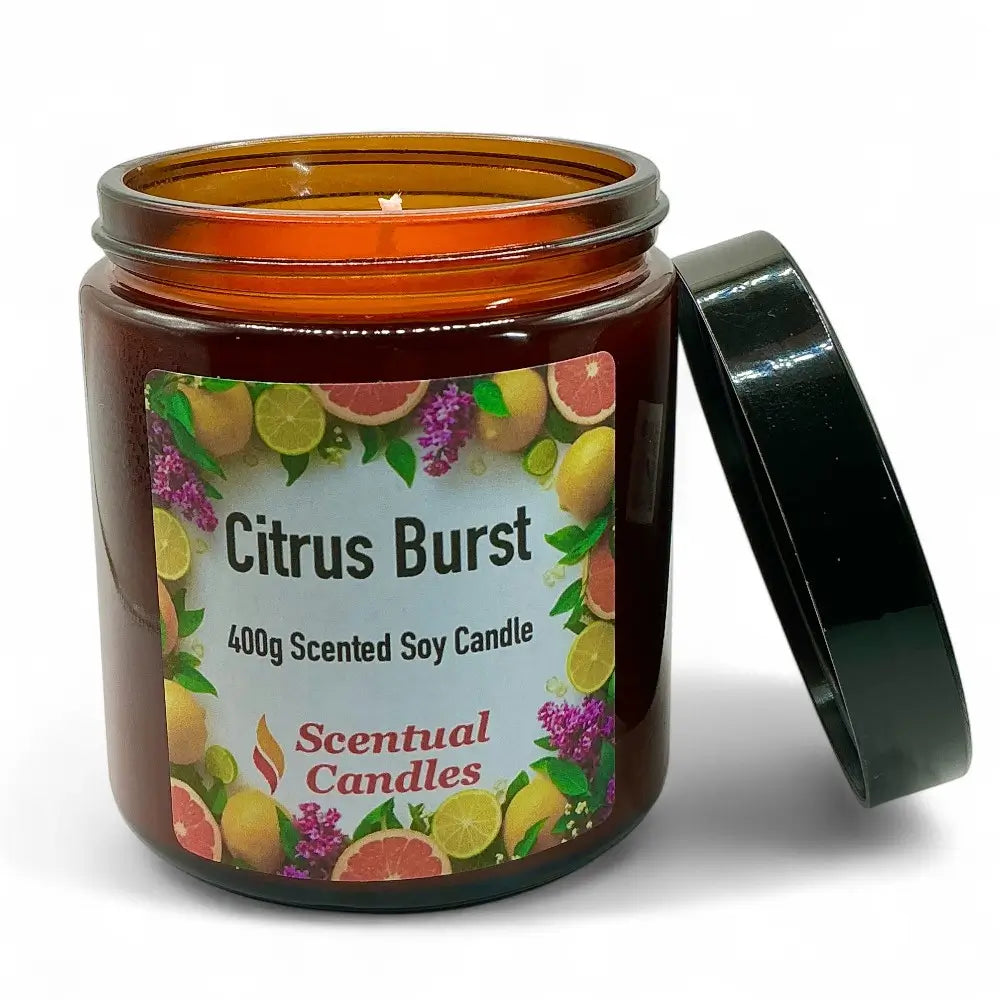 Citrus Burst 400g Scented Soy Candle with open lid, featuring vibrant citrus aroma, part of candle care gift set.