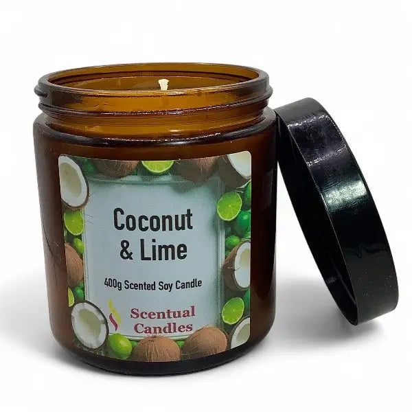 Coconut and Lime scented candle in a brown jar with a label on a white background