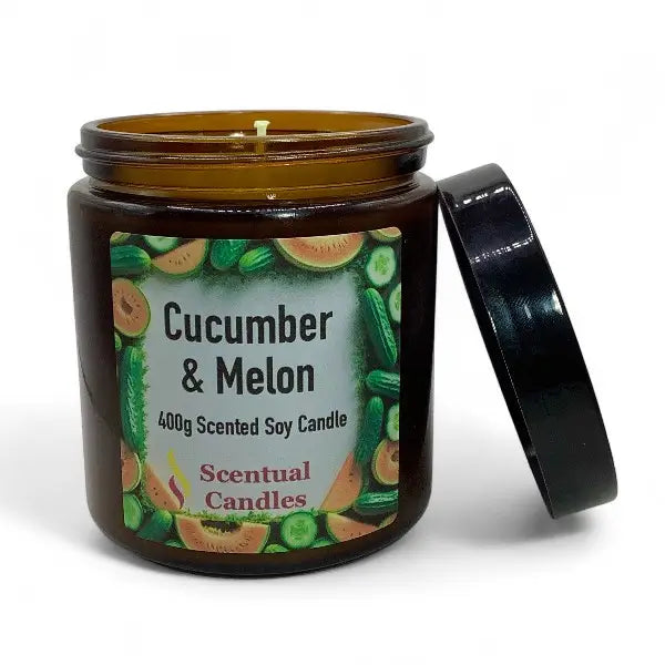 Candle jar labeled 'Cucumber & Melon' by Scentual Candles on a white background