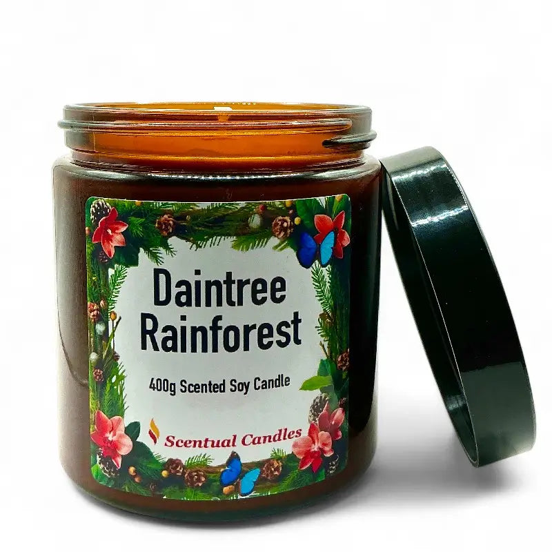 Scentual Candles Pine scented Daintree Rainforest candle jar with label on a white background