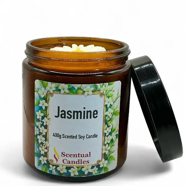 Scentual Candles jasmine scented candle jar with label on a white background