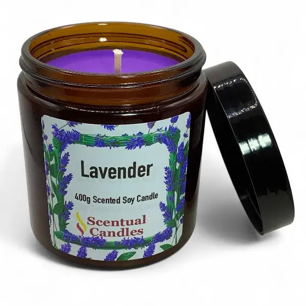 Lavender scented candle in a brown jar with a label on a white background
