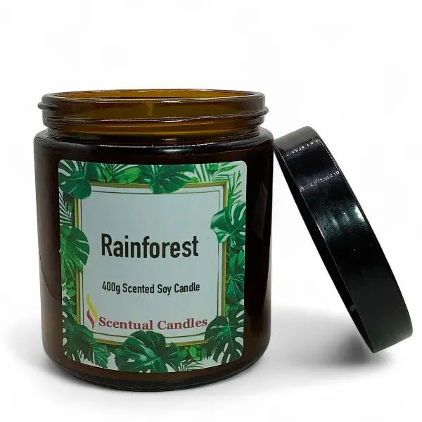 Scentual Candles Rainforest scented candle jar with label on a white background