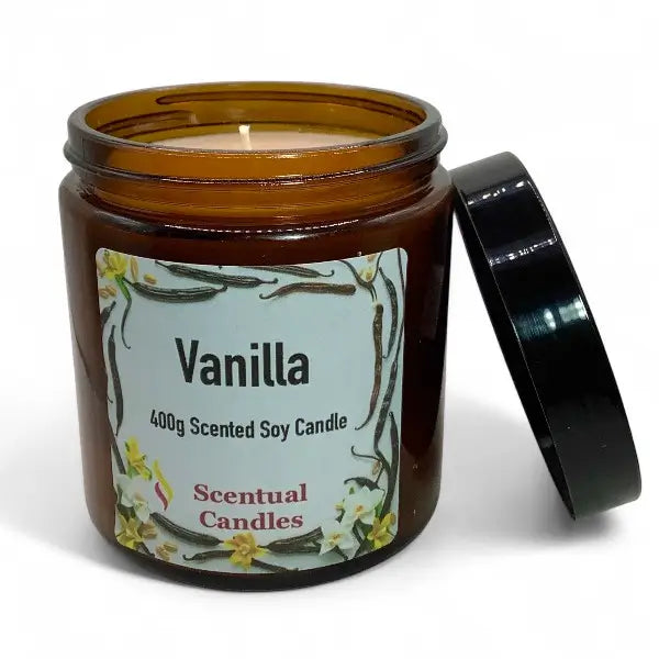 Vanilla scented soy candle in a brown jar with a label on a white background