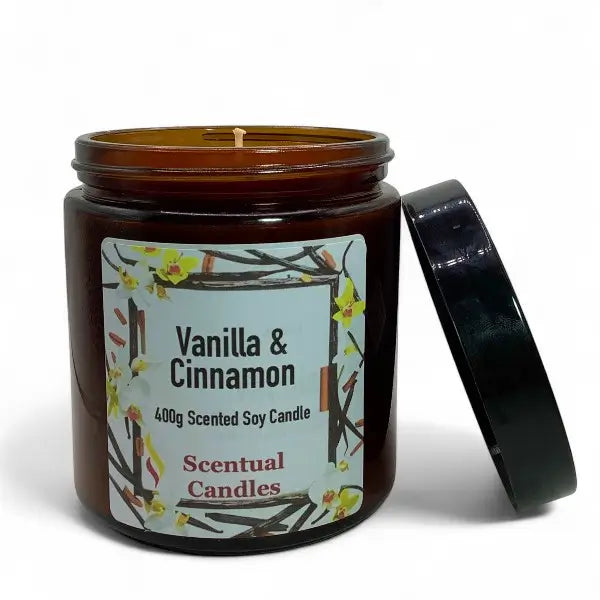 Scentual Candles vanilla & cinnamon candle with label on a white background