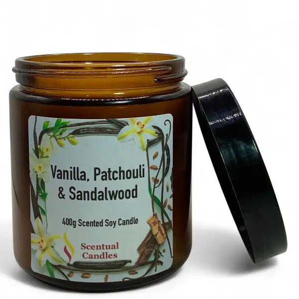 Scented soy candle jar with vanilla, patchouli, and sandalwood fragrance on a white background
