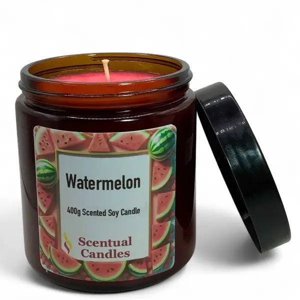 Scentual Candles watermelon scented soy candle with label on a white background
