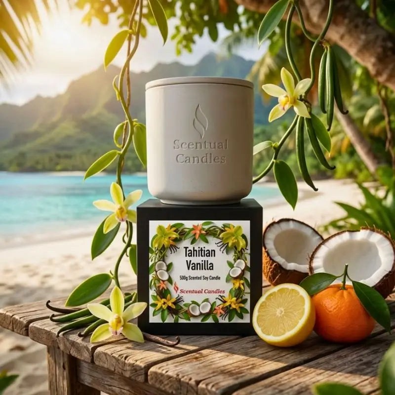 Tahitian Vanilla gourmet scented soy candle on the beach with tropical plants and fruits.