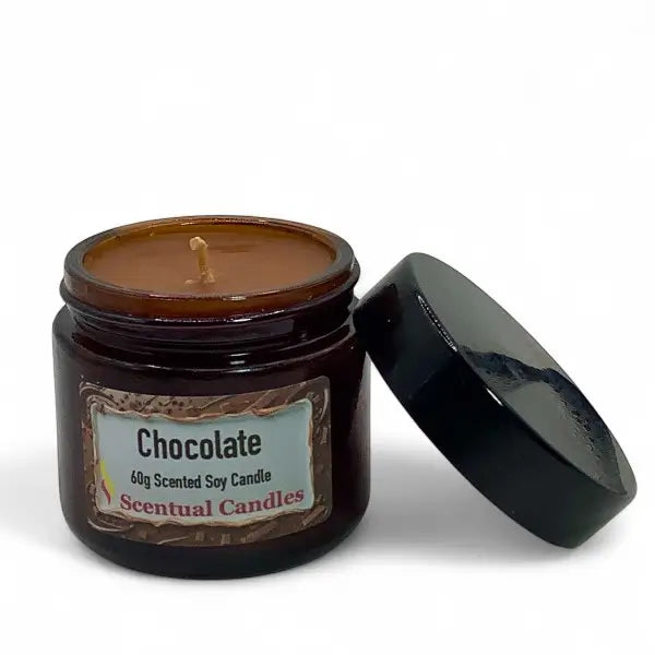 Chocolate scented soy candle in a jar with a label on a white background
