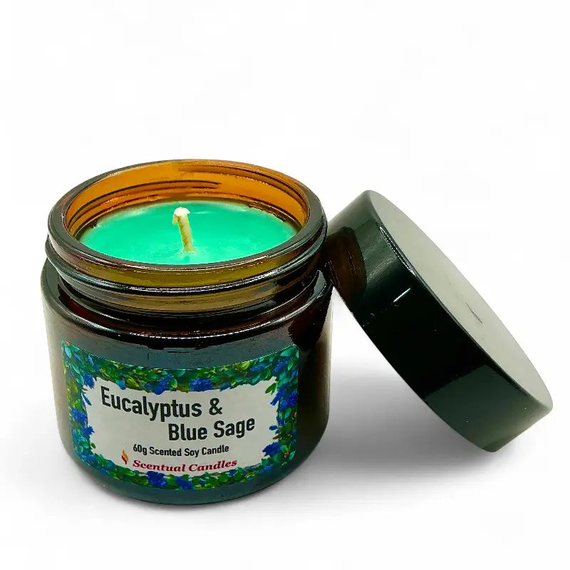 Scentual Candles Eucalyptus candle in a jar with a label on a white background