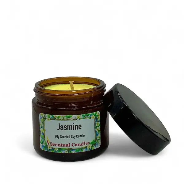 Scentual Candles jasmine candle with open lid on a white background