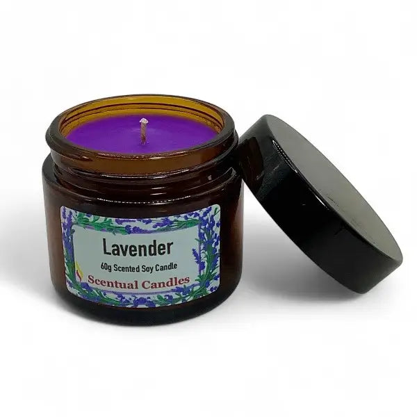 Lavender scented soy candle in a brown jar with a black lid on a white background