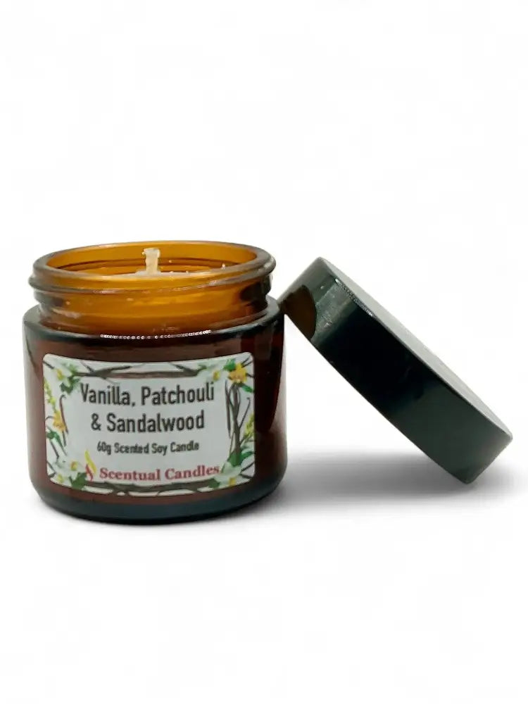 Vanilla, Patchouli & Sandalwood candle in a glass jar with a label on a white background